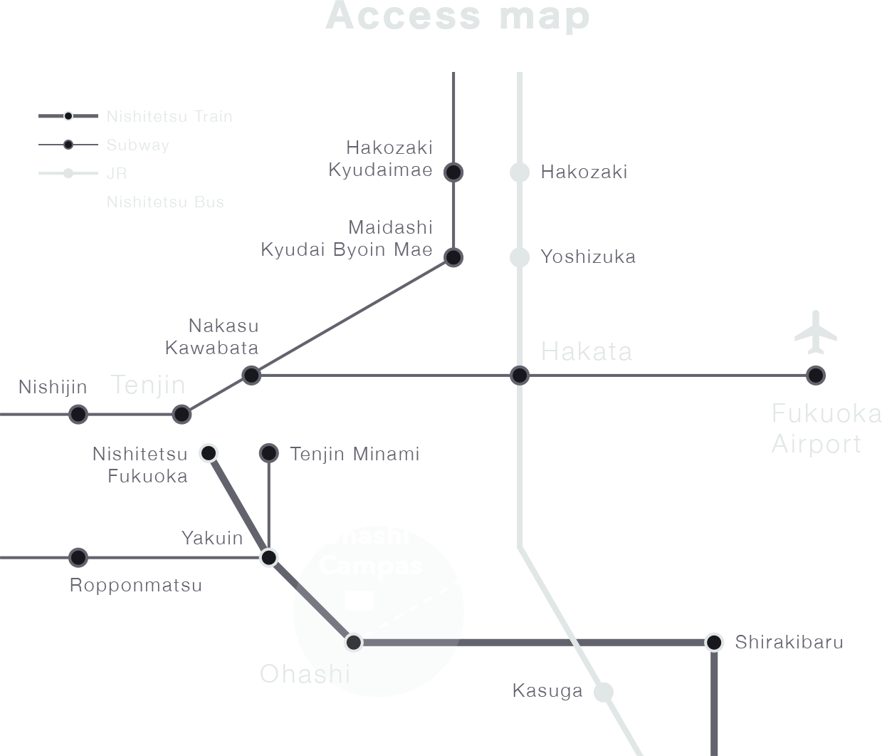 福岡空港、博多駅、天神からのアクセスマップ