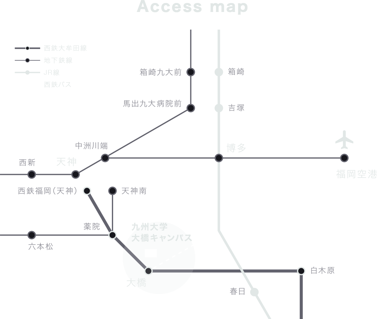福岡空港、博多駅、天神からのアクセスマップ