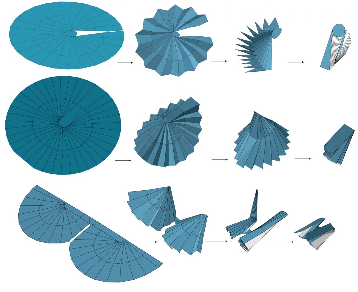展開図設計ソフトを使ってデザインされた様々な形状のハサミムシ型の展開構造の例