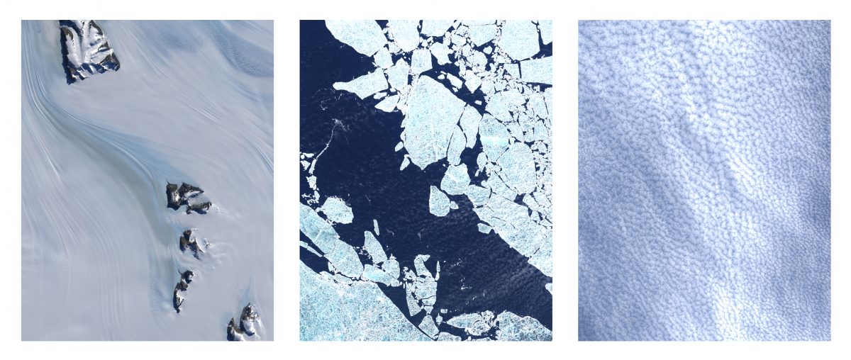 栗山 斉 [左から右へ順に] 《∴ 0=1 -medium: blue snowfield》 《∴ 0=1 -medium: blue drift ice》 《∴ 0=1 -medium: blue cloud》 2010年, ラムダプリント, ©︎Hitoshi Kuriyama, 画像提供：JAXA（宇宙航空研究開発機構）